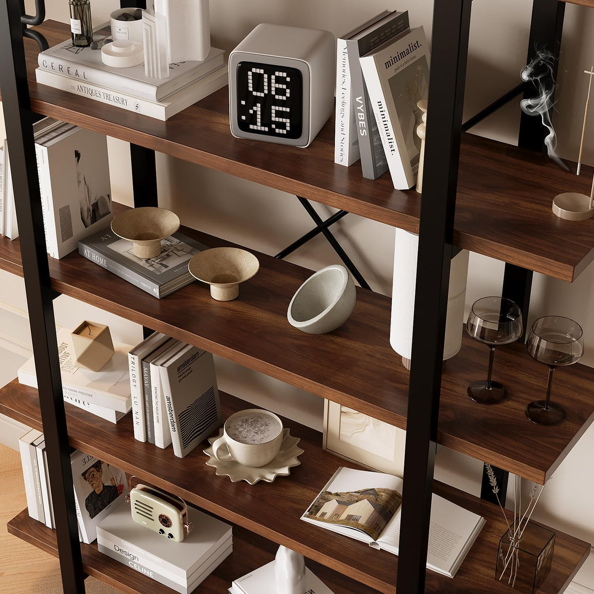 Industrial Bookshelf with 5 Shelves, Solid Wood core Bookcase,Walnut Wood and Black Metal Frame, Large Open Storage Display Unit (Dark Walnut, 5 Tiers)