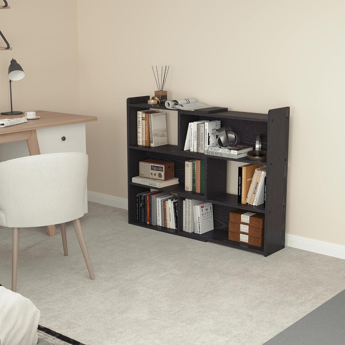 Open Shelf Low Bookcase,Wooden 4-Tier Floor Standing Expandable 25-47 inch Wide Bookcase,with Side Panels Frame for Home and Office