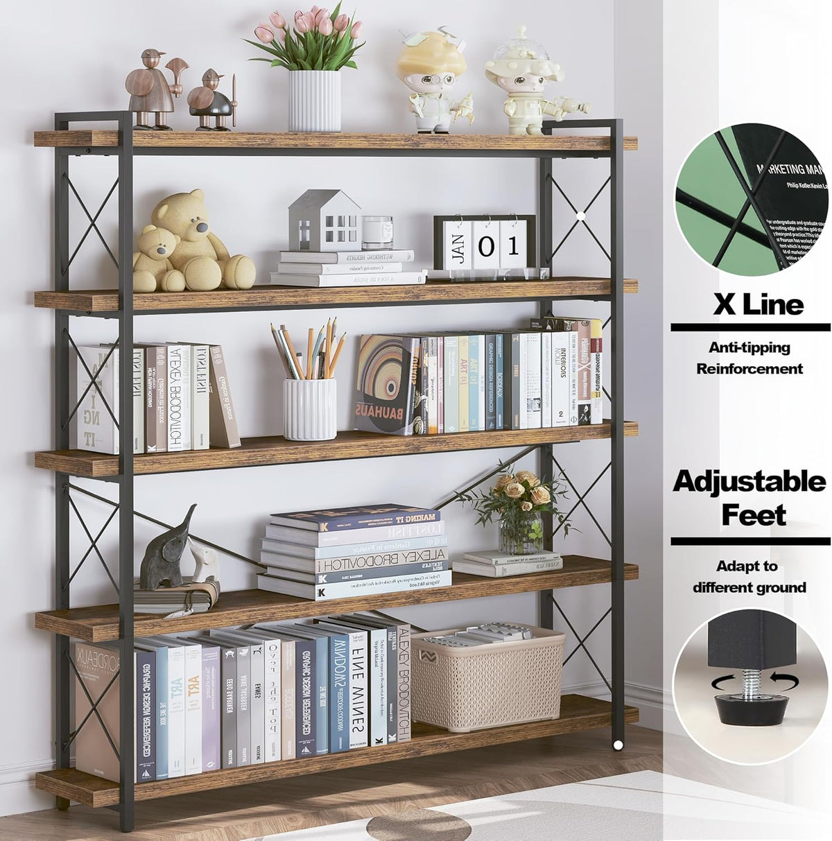 HCHQHS Large Bookshelf, 5-Tier Long Industrial Bookcase, Rustic Brown Book Shelf, Freestanding Horizontal Bookshelves with Metal Frame