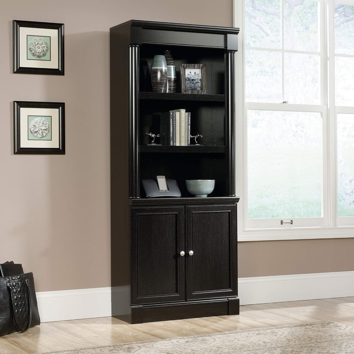Sauder Palladia Library with Doors/Book Shelf, L: 29.37" x W: 13.90" x H: 71.85", Wind Oak