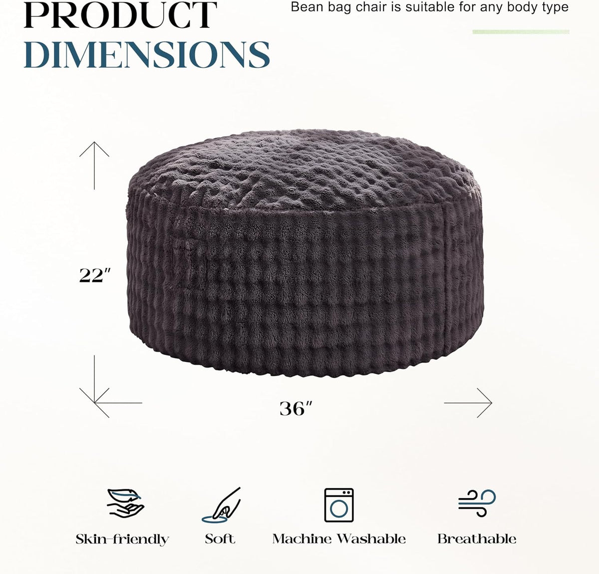 Hobestluk Bean Bag Chairs 3ft Beanbag Chair with Filler Adult Bean Bags with Fluffy & Machine Washable Cover, Giant Bean Bag Chairs for Adults (Dark Grey, 3FT-36" x 36" x 22")