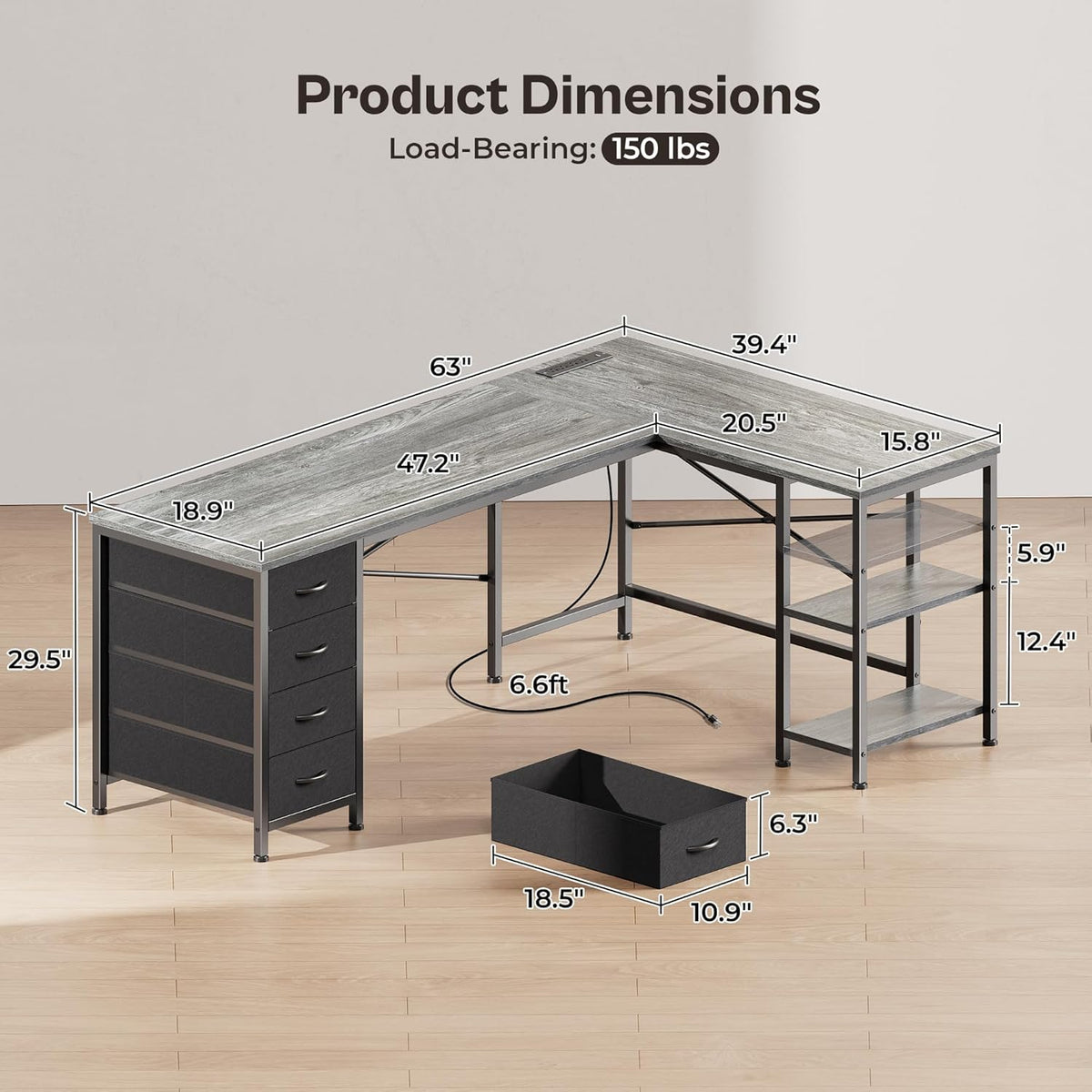 Huuger 63 Inch L Shaped Desk with Fabric Drawers, Reversible Computer Gaming Desk with Power Outlets and USB-C Port, Adjustable Side Storage Shelves, for Work Study Corner Home Office, Grey