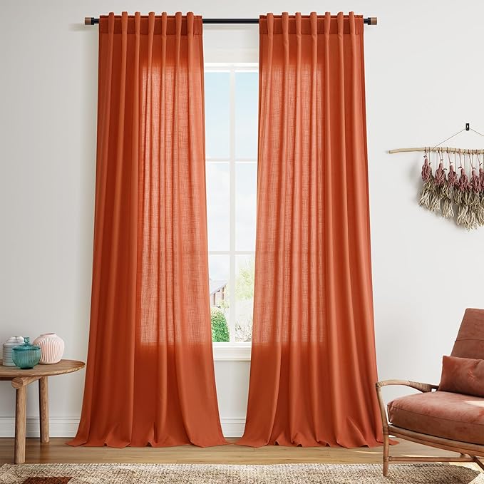 Nanspring Bright Orange Linen Blend Light Filtering Back Tab Curtains 102