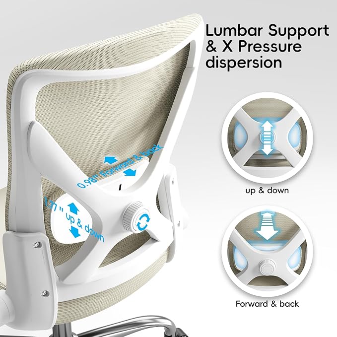 Office Home Ergonomic Desk Chair-Computer X-Shaped Chair Mesh PU Leather with Adjustable Lumbar Support-Executive Chair High Back Flip-Up Arms for Long Hours (Beige-No Headrest)