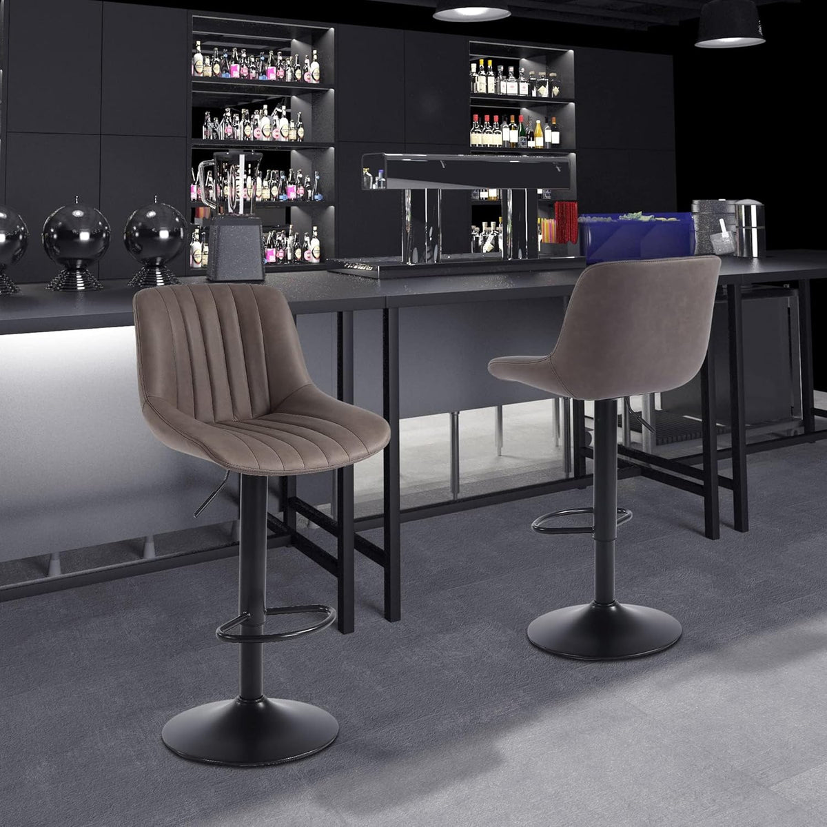 Bar Stools Set of 3, Swivel Counter Height Barstools with Back, Adjustable PU Leather Bar Chairs, Modern Armless Kitchen Island Stool, Brown