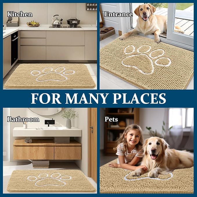 OLANLY Dog Door Mat for Muddy Paws 47x24, Paw Print Design, Absorbs Moisture