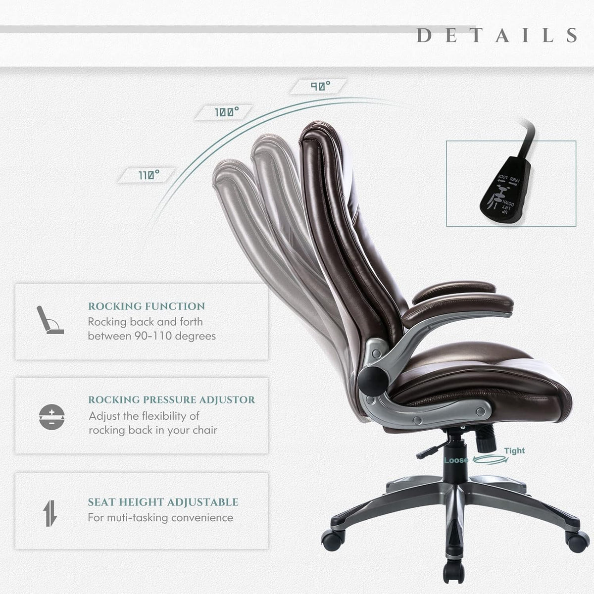 Leather Executive Office Chair - High Back Home Computer Desk Chair with Padded Flip-up Arms, Adjustable Tilt Lock, Swivel Rolling Ergonomic Chair for Adult Working Study, Brown