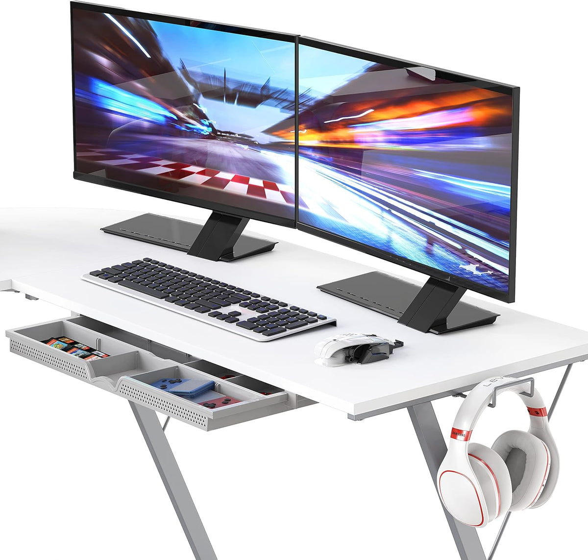 SHW 51 x 51 Inches Vista L-Shaped Desk with Monitor Stand and Drawer, White