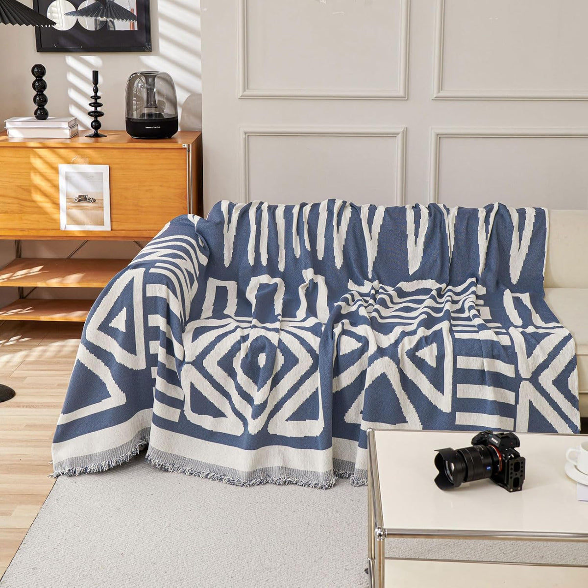 STACYPIK Reversible Boho Blue Beige Couch Cover for 2 Cushion Couch Sofa Cover for Dogs Anti-Scratch Furniture Protector Cover with Tassels for Pet Cat Non-Slip Loveseat Cover for Sectional-71X90IN