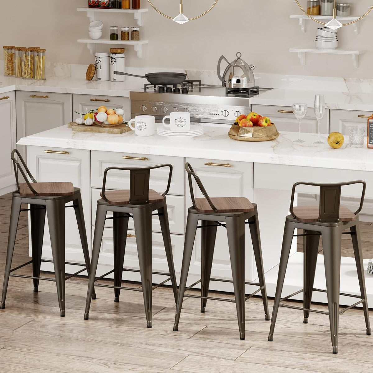 26 Inch Swivel Bar Stools Set of 4 with Backs Counter Height Industrial Metal Barstools Island Bar Chairs for Home Kitchen Dining Room (Swivel 26 inch,Rusty Wooden)