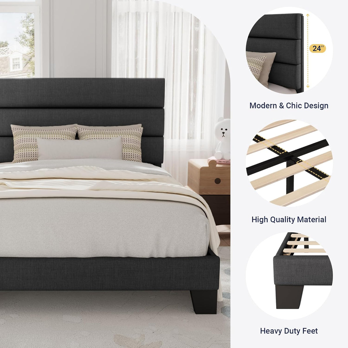 Allewie Twin Size Platform Bed Frame with Fabric Upholstered Headboard and Wooden Slats Support, Fully Upholstered Mattress Foundation/No Box Spring Needed/Easy Assembly, Dark Grey