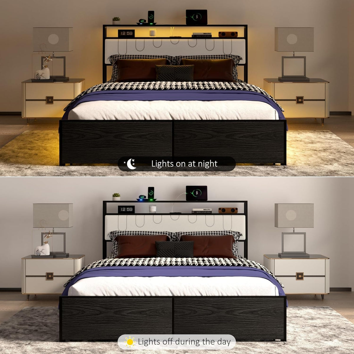 Queen Bed Frame with Storage Headboard, Metal Platform Bed Frame with LED Lights & Charging Station, Storage Drawers, Heavy Duty Metal Slats, No Box Spring Needed, Noise Free, Easy Assembly