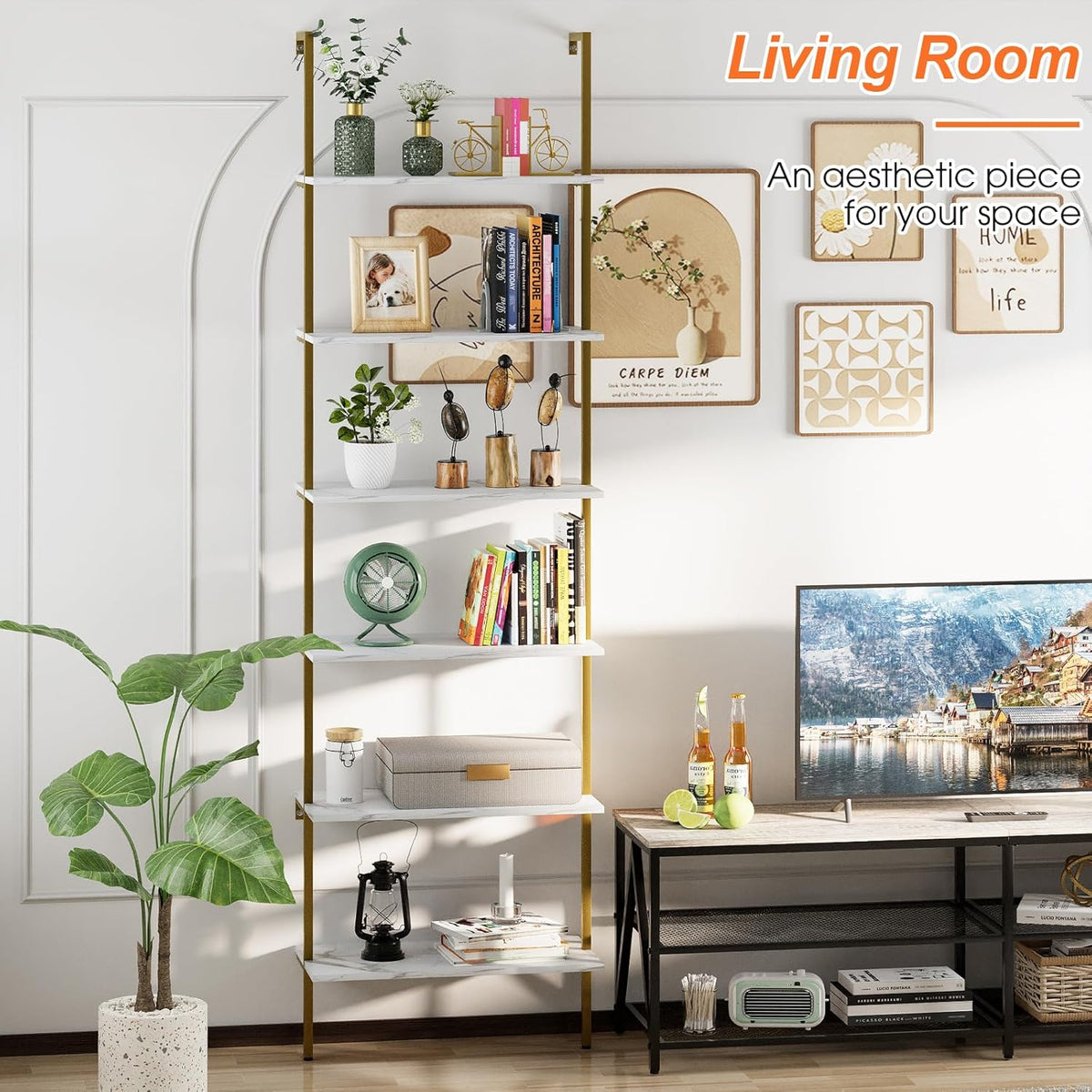Ladder Shelf 6 Tiers Marble White Modern Bookshelf Open Tall Wall Mount Bookcase Standing Leaning Wall Shelves Industrial Decorative Living Room Bed Room