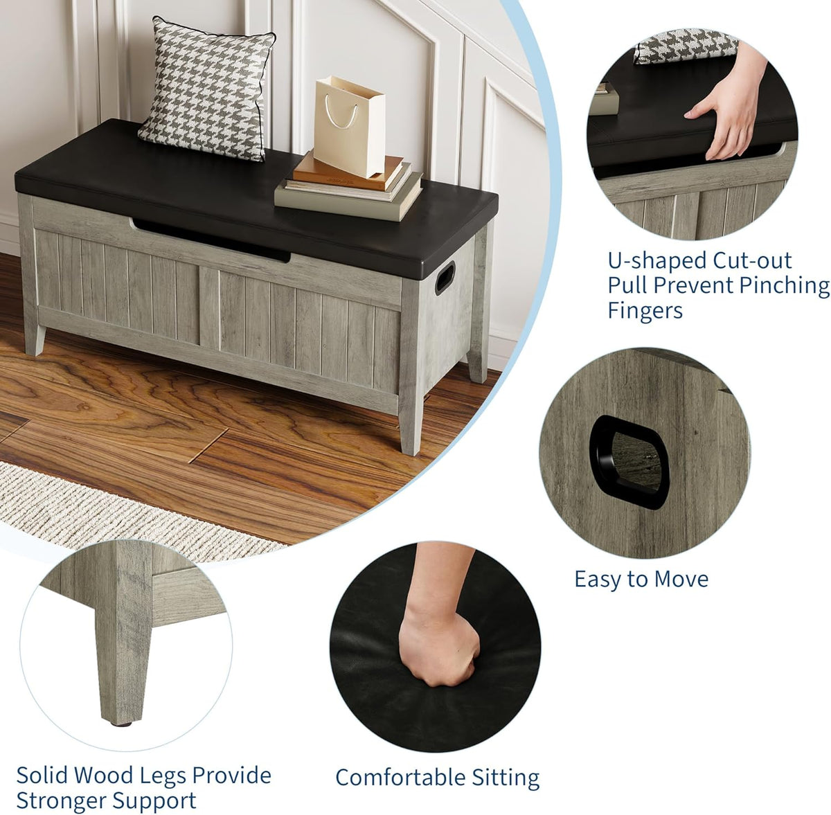 GAOMON Storage Bench with Padded Seat, 39.4” Wooden Chest Storage Box with 2 Safety Hinges, Entryway Benches with Flip-Top, Large Trunk for Living Room, Bedroom, Easy Assembly