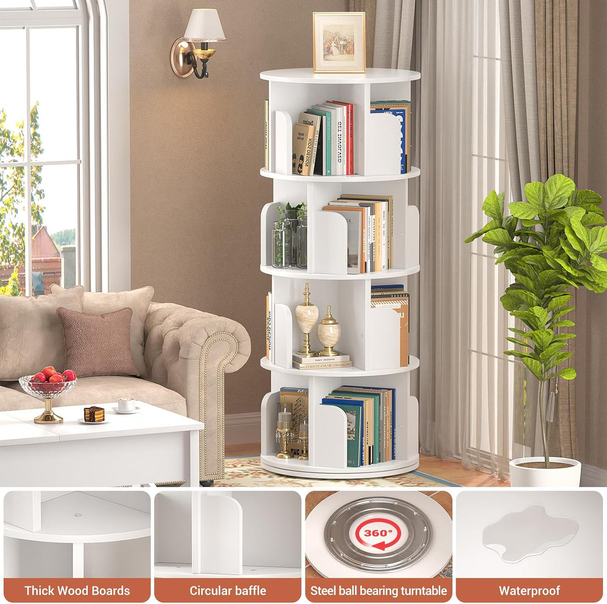 Rotating Bookshelf, Wood Corner Bookshelf, 360 Display Spinning Bookcase Storage Rack, 4 Tier Floor Standing Revolving Bookcase Narrow Book Shelf Organizer for Small Space, Bedroom, White