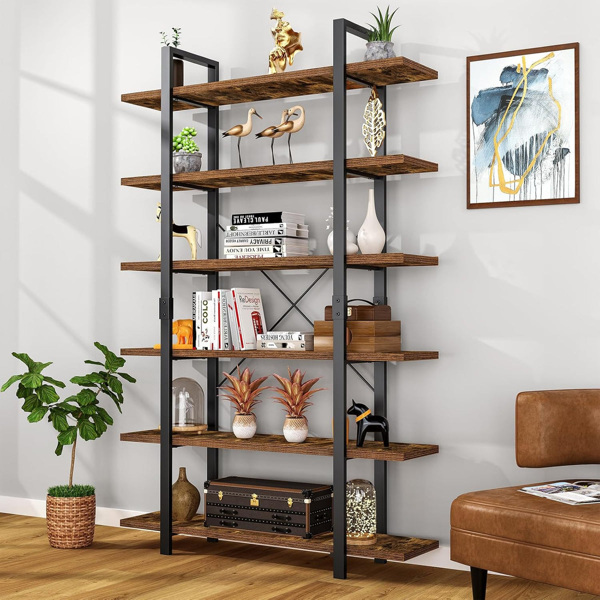 FRAPOW Bookshelf, 6 Tier Book Shelf 83Inch Tall Bookcase, Industrial Large Bookshelves Rustic Book Case with Open Metal Frame for Office, Bedroom, Farmhouse, Living Room