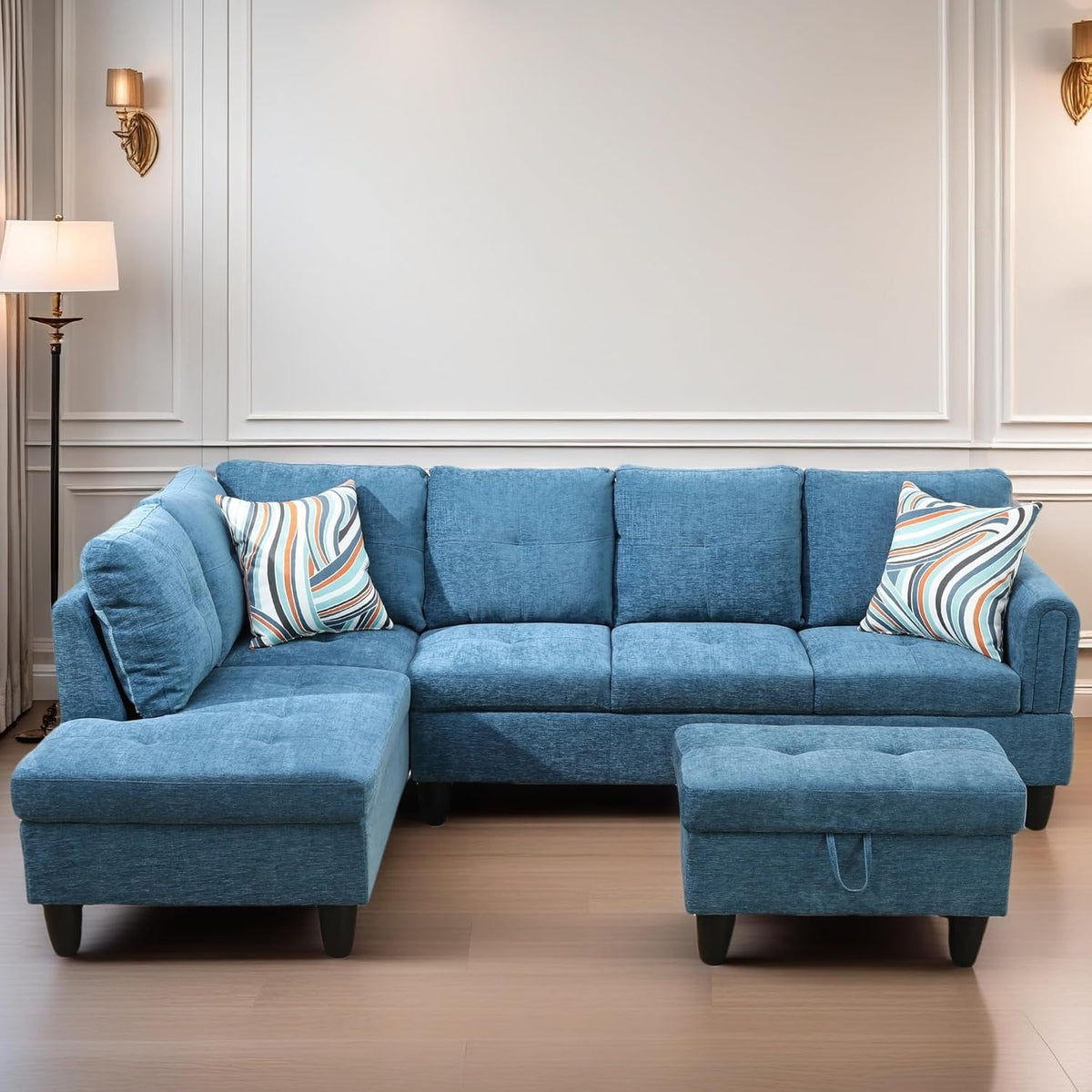 L Shaped Sectional Couches for Living Room, Modern Modular Sectional Sofa with Ottoman Storage, Comfy L Shaped Couch with Chaise for Bedroom Apartment Furniture, Blue