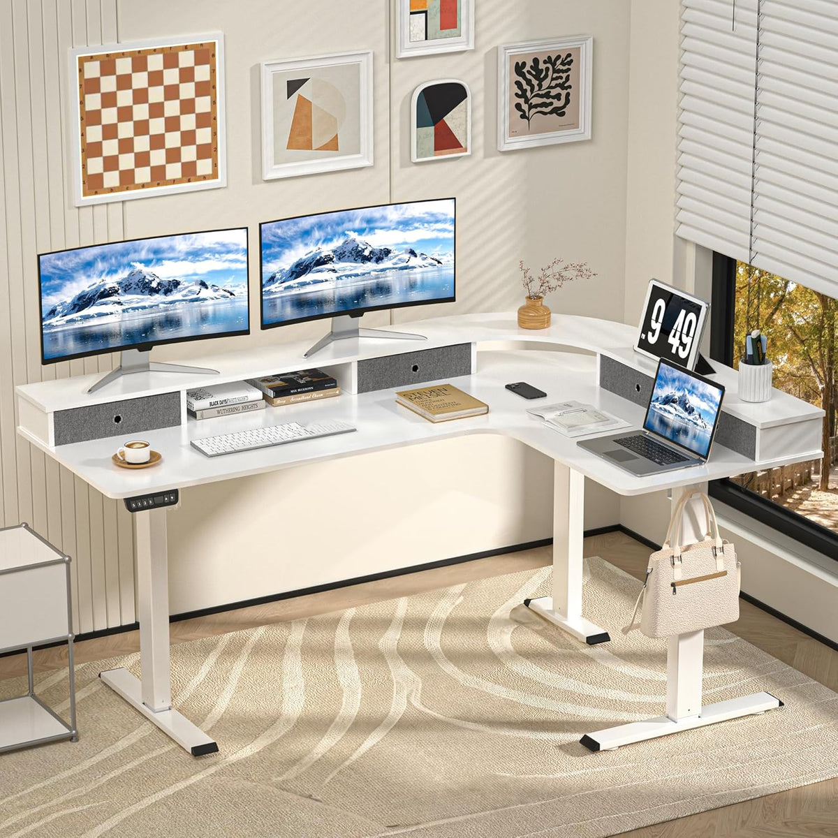 67" L Shaped Standing Desk, Electric Height Adjustable Corner Table with Drawers, Modern Standing Gaming Desk with Monitor Stand for Home Office Entertainment, Snow White