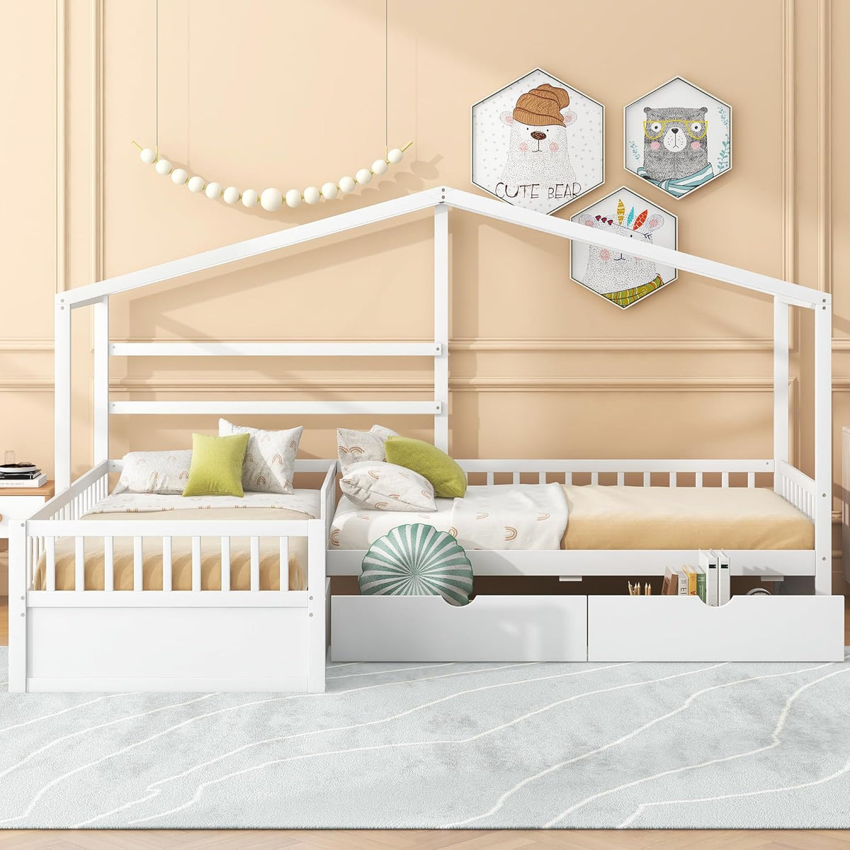 Twin Size House Platform Bed with Three Storage Drawers,Double Shared-Bed,2 in 1 Bed,L-Shaped Platform Bed for Boys Girls Shared Beds,Perfect complement to Any Small Space,White