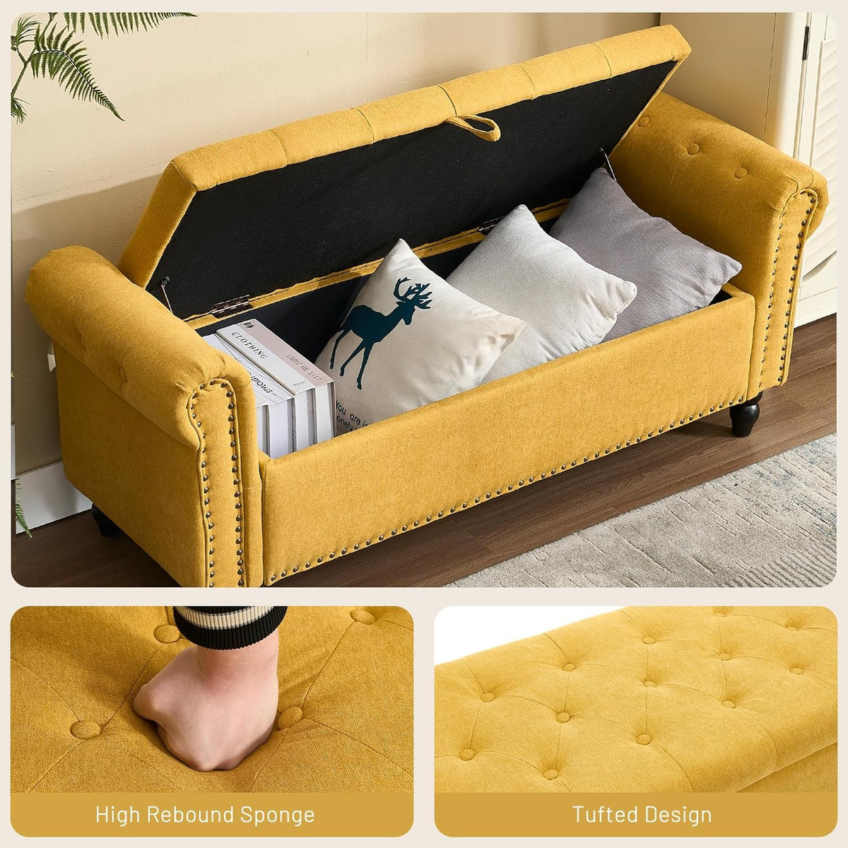 Furniliving 55” End of Bed Bench, Bedroom Bench with Button-Tufted, Large Upholstered Storage Ottoman Benches Window Bench with Storage Shoe Cabinet Bench, for Bedroom, Living Room, Linen, Yellow