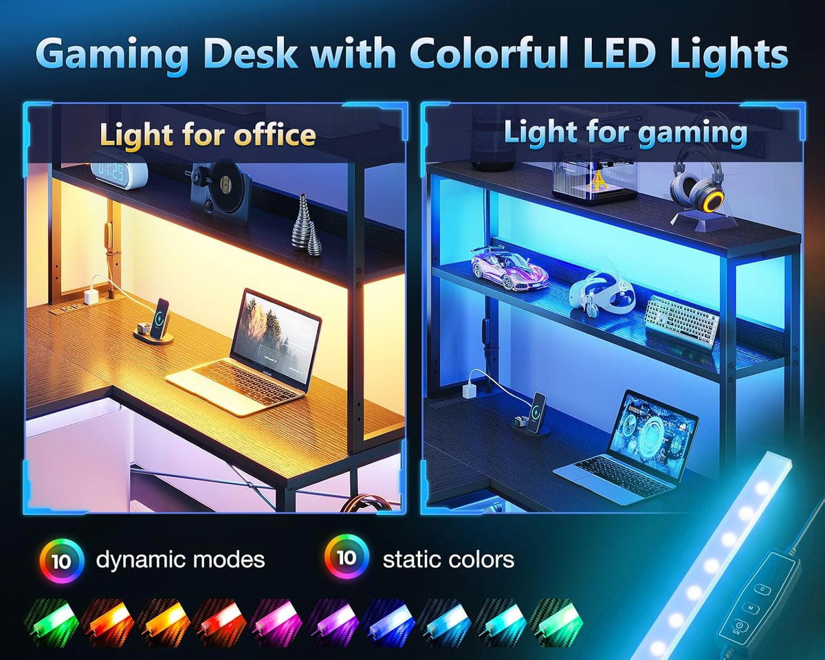Casaottima Gaming Desk with Power Outlets & LED Lights, 43 Inch Reversible L Shaped Computer Desk with Shelves & Storage Bag, Corner Desk for Home Office, Black