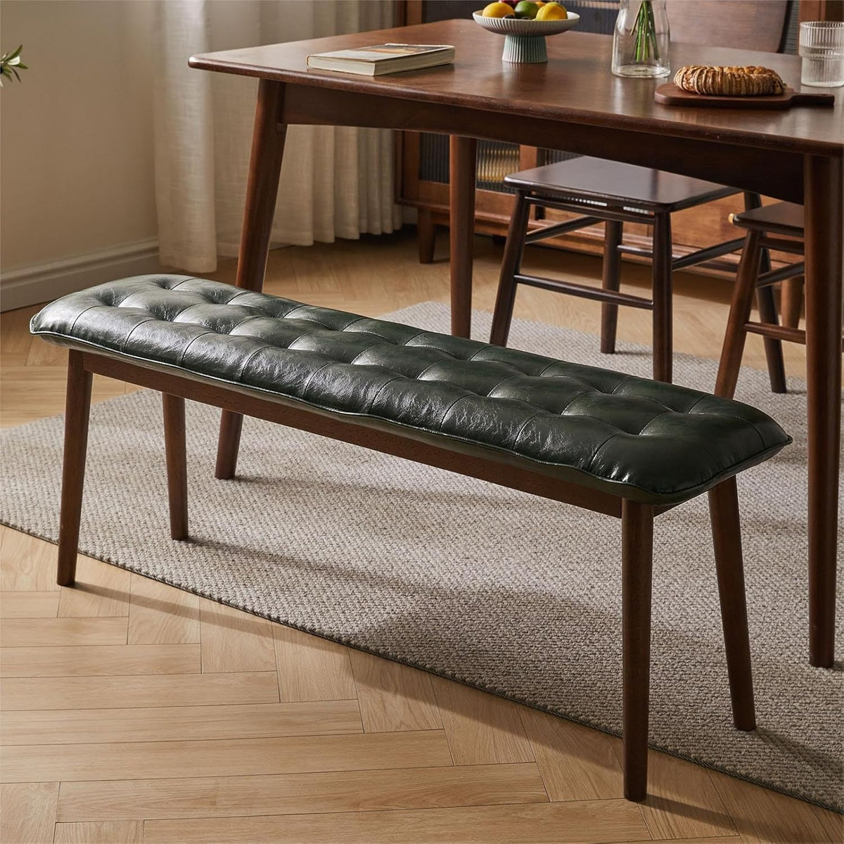 Entryway Bench, Solid Wood Dining Bench, Midcentury End of Bed Bench with PU Leather Padded Seat, Bedroom Bench, 47.24" L x 12.6" W x 17.72" H (Green)
