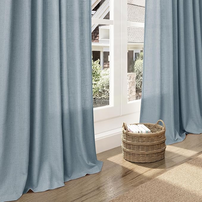 Light Blue Linen Curtains 90 Inch Long 2 Panels Set