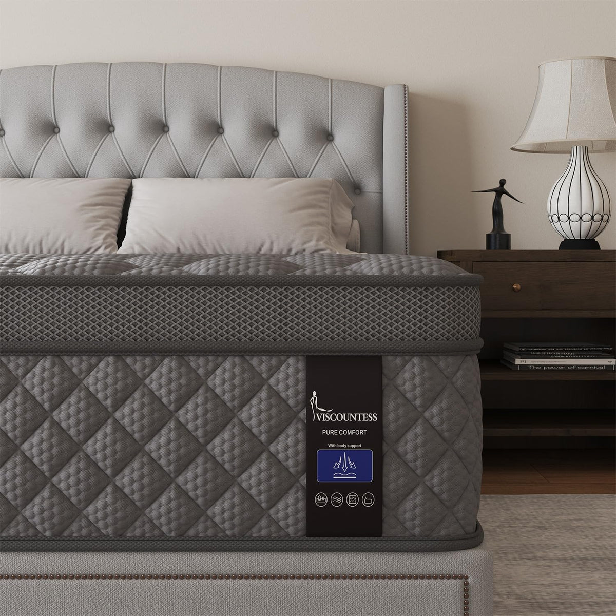 King Mattress, 12 Inch Hybrid Mattresses Grey Medium Firm Euro Top for Back & Lumbar Support, 100 Night Trial, Individual Pocket Spring for Motion Isolation & Pressure Relief