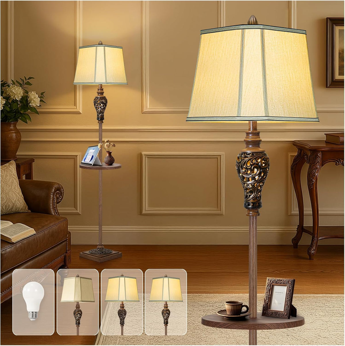 65" High Vintage Floor Lamp with Night Light and Glass Tray, Farmhouse Standing Lamp with Beige Faux Silk Shade, Retro Rustic Tall Lamp Decor for Living Room, Bedroom, Bedside, Corner (Bulb Included)