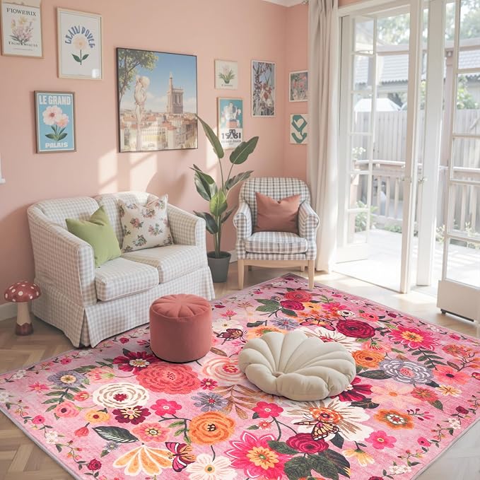 Floral Machine Washable Rug Pink, 3x5 Rug Non Slip Soft Bedroom Rugs