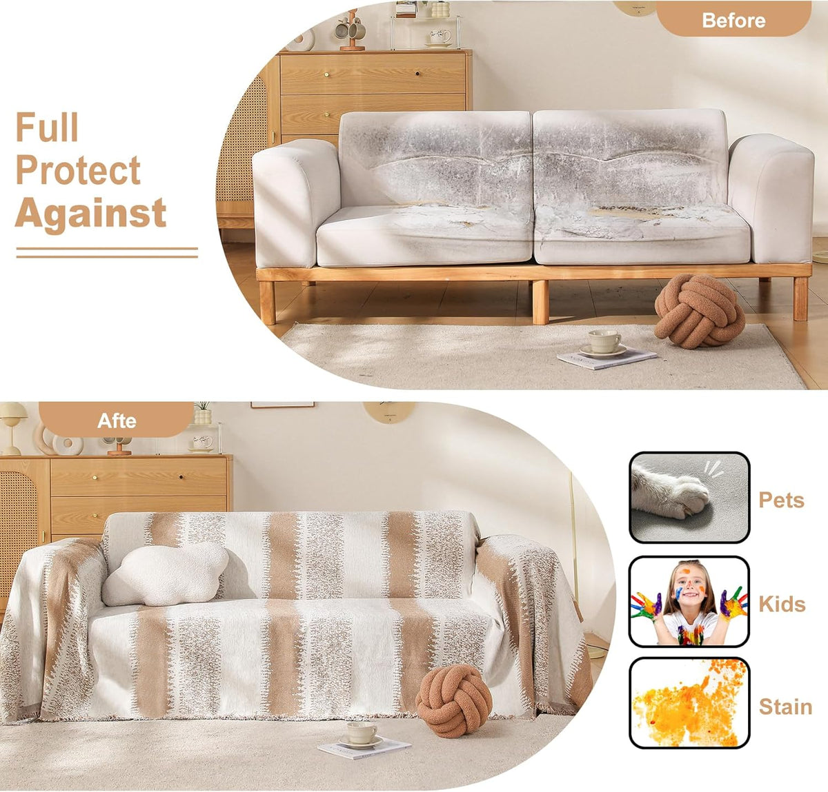 Boho Couch Cover, Sofa Cover, Sofa Covers for 2 Cushion Couch, Washable Sectional Couch Covers for Dogs Pet Furniture Protector Couch Cover Blanket for Living Room (1# Khaki, 71" x 118")