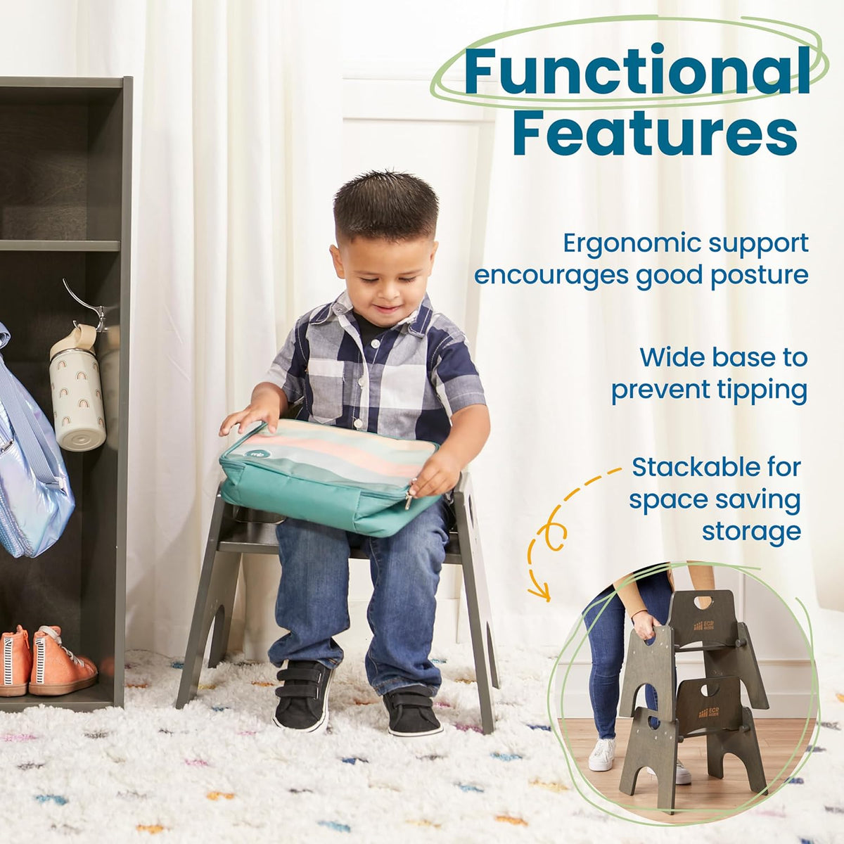 ECR4Kids Stackable Wooden Toddler Chair, 10in, Kids Furniture, Grey Wash, 2-Pack