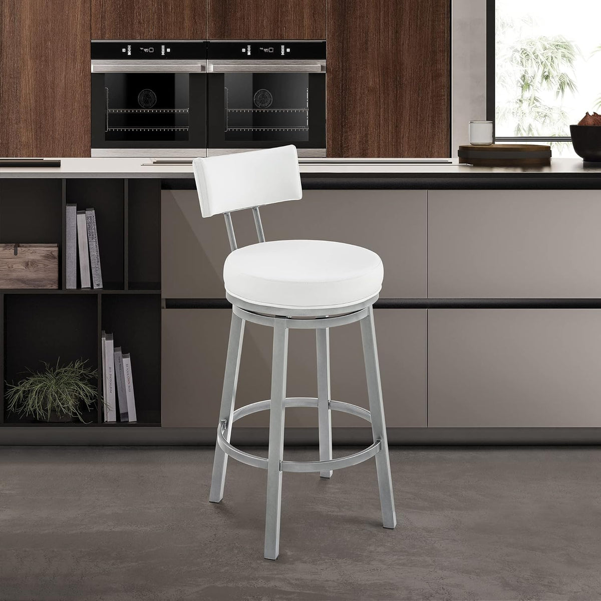 Armen Living Dalza Swivel Counter or Bar Stool in Cloud Finish with White Faux Leather