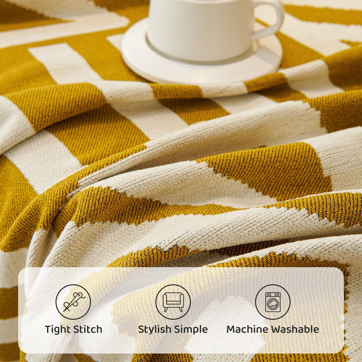 STACYPIK Mustard Yellow Boho Sofa Cover Couch Cover Reversible Jacquard Furniture Protector for 3 Cushion Couch L Shaped Sofa Slipcover Non-Silp Sofa Cushion Covers for Sectional with Tassels-91X134IN