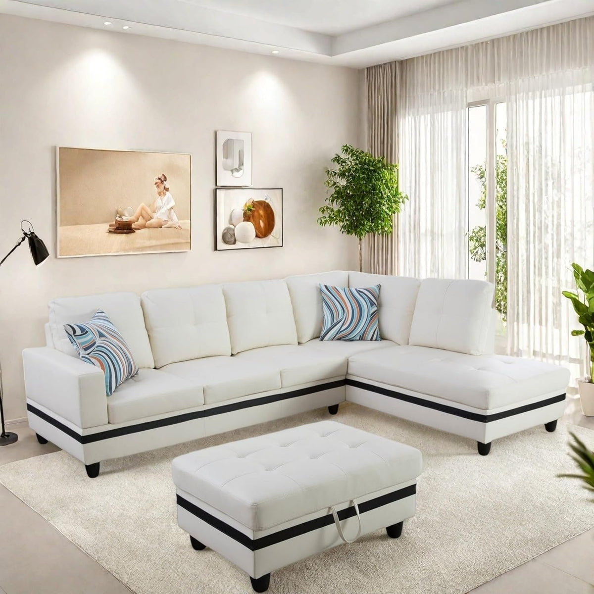 Sectional Couch with Ottoman Storage, L Shaped Sofa Furniture Sets, Modern Modular Couch Comfy Sofa for Living Room Bedroom, White