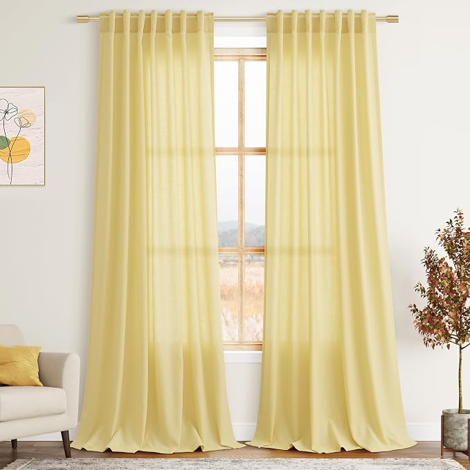 Yellow Linen Semi Sheer Curtains 108 Inches Long 2 Panels Set Back Tab Loop