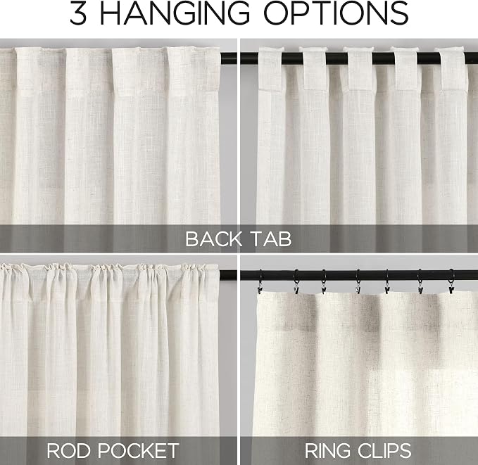 Nanspring Cream Linen Back Tab Curtains 86 Inch Length