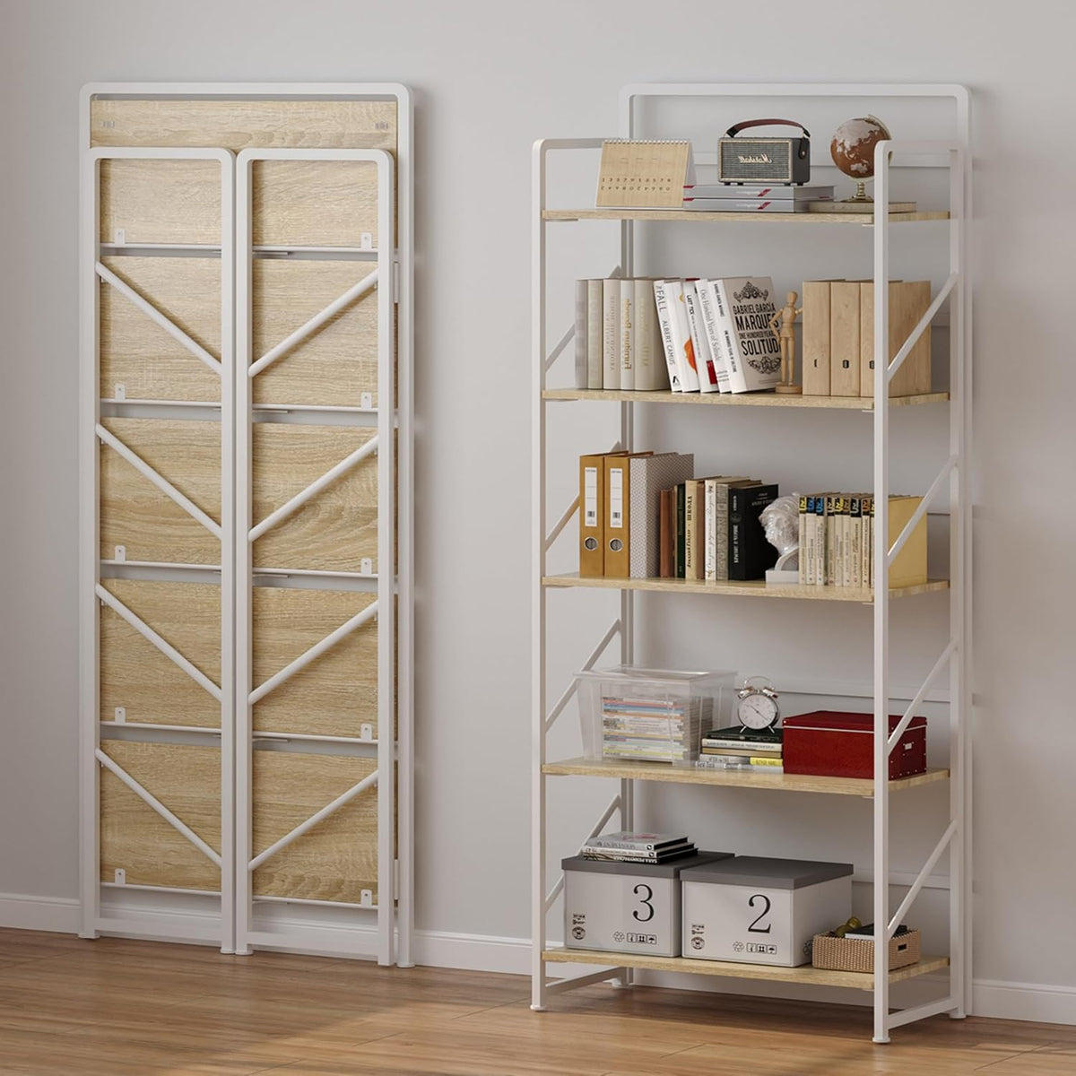JSB Folding Bookshelf,Industrial Storage Shelves, No Assembly Vintage Wood Look Bookshelf with Storage Shelves for Living Room, Bedroom, Office (White, 5-Tier)