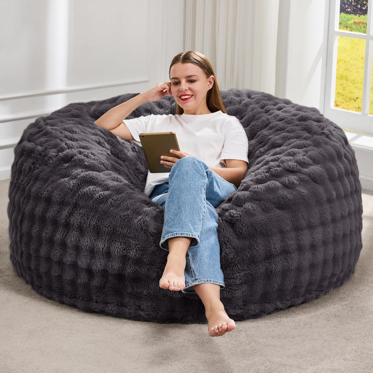 Hobestluk Bean Bag Chairs 4ft Beanbag Chair with Filler Adult Bean Bags with Fluffy & Machine Washable Cover, Giant Bean Bag Chairs for Adults (Dark Grey, 4FT-44" x 44" x 24")