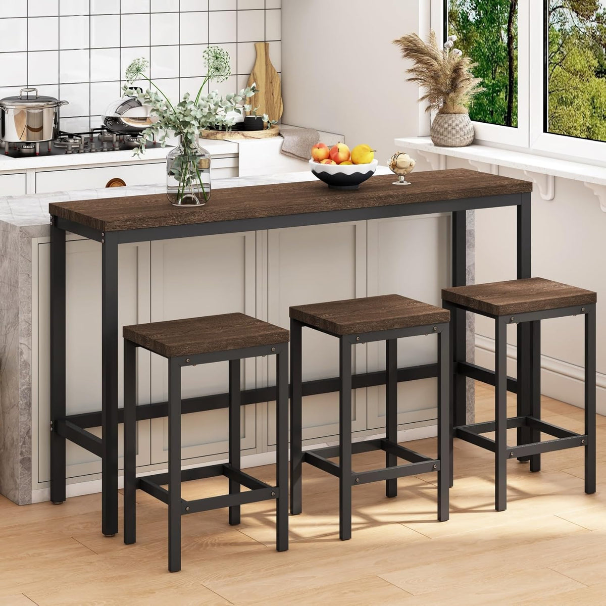 KEIKI 60.24” Long Bar High Top Dining Table and 3 Stools Chairs Set, Wood Behind Couch Sofa Counter Height Pub Furniture for Breakfast, Kitchen Living Party Room, Dark Brown