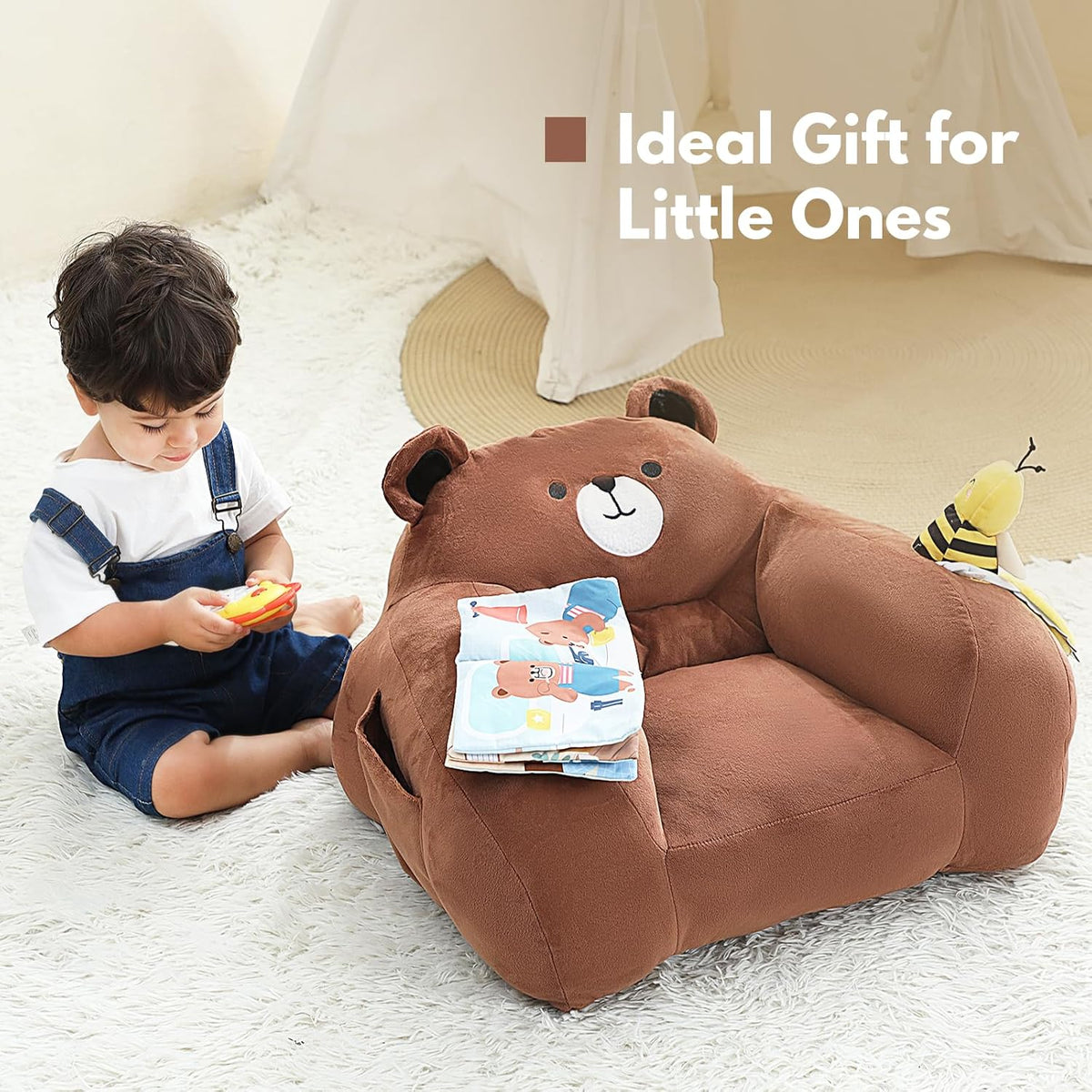 Lovvie & Joy Toddler Sofa Chair, Soft Toddler Kids Chair with Learning Toy Phone,Cloth Book and Rattle Toy,Toddler Chair Couch for Boys and Girls Ages 1+ Years Bear