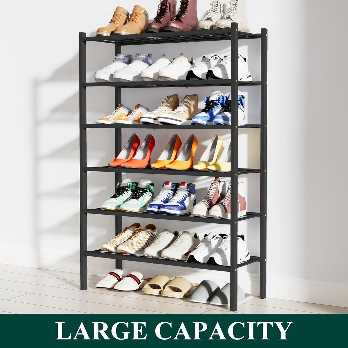 Smiry Shoe Rack, 6 Tier Bamboo Shoe Organizer, Stackable Free Standing Wooden Shoe Storage Shelf for Closet, Entryway, Front Door Entrance, Black