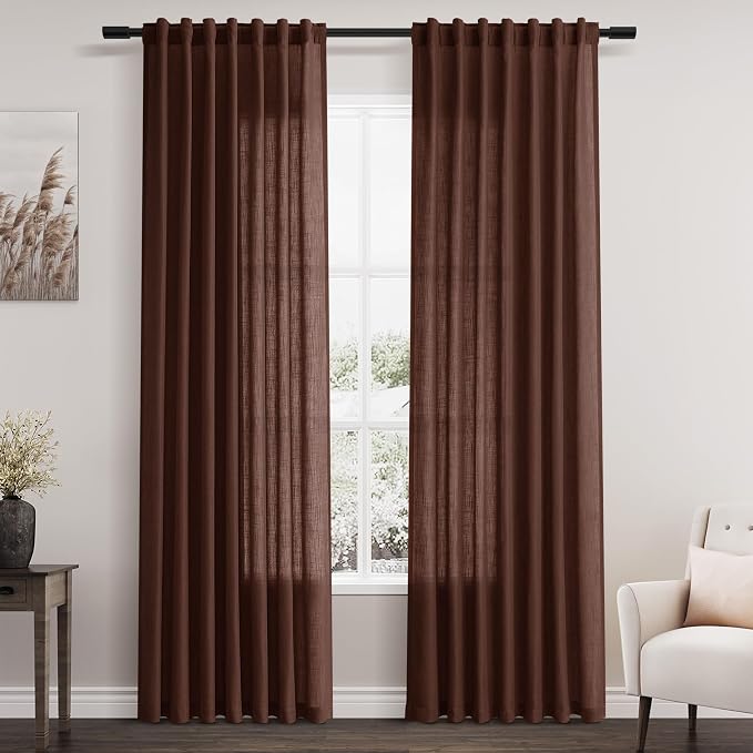 Rustic Brown Linen Curtains 84 Inch Length 2 Panels Set