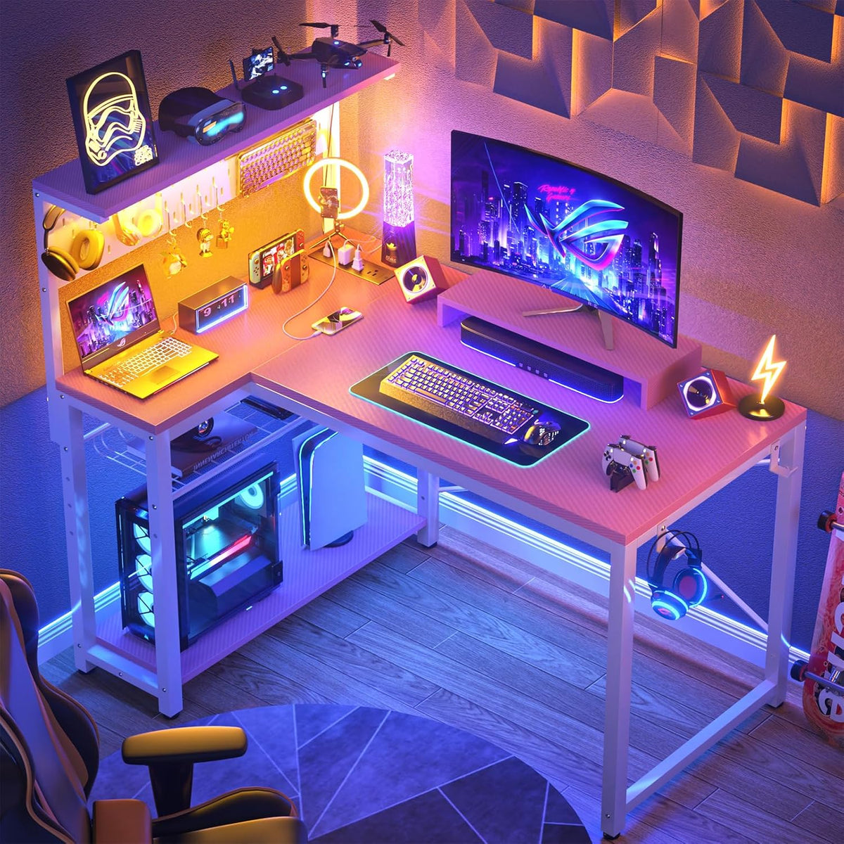 Homieasy Small Gaming Desk with Power Outlets Pegboard LED Light, 43 Inch L Shaped Computer Desk with Monitor Stand Storage Shelves, Reversible Corner Desk with Headset Hooks, Carbon Pink