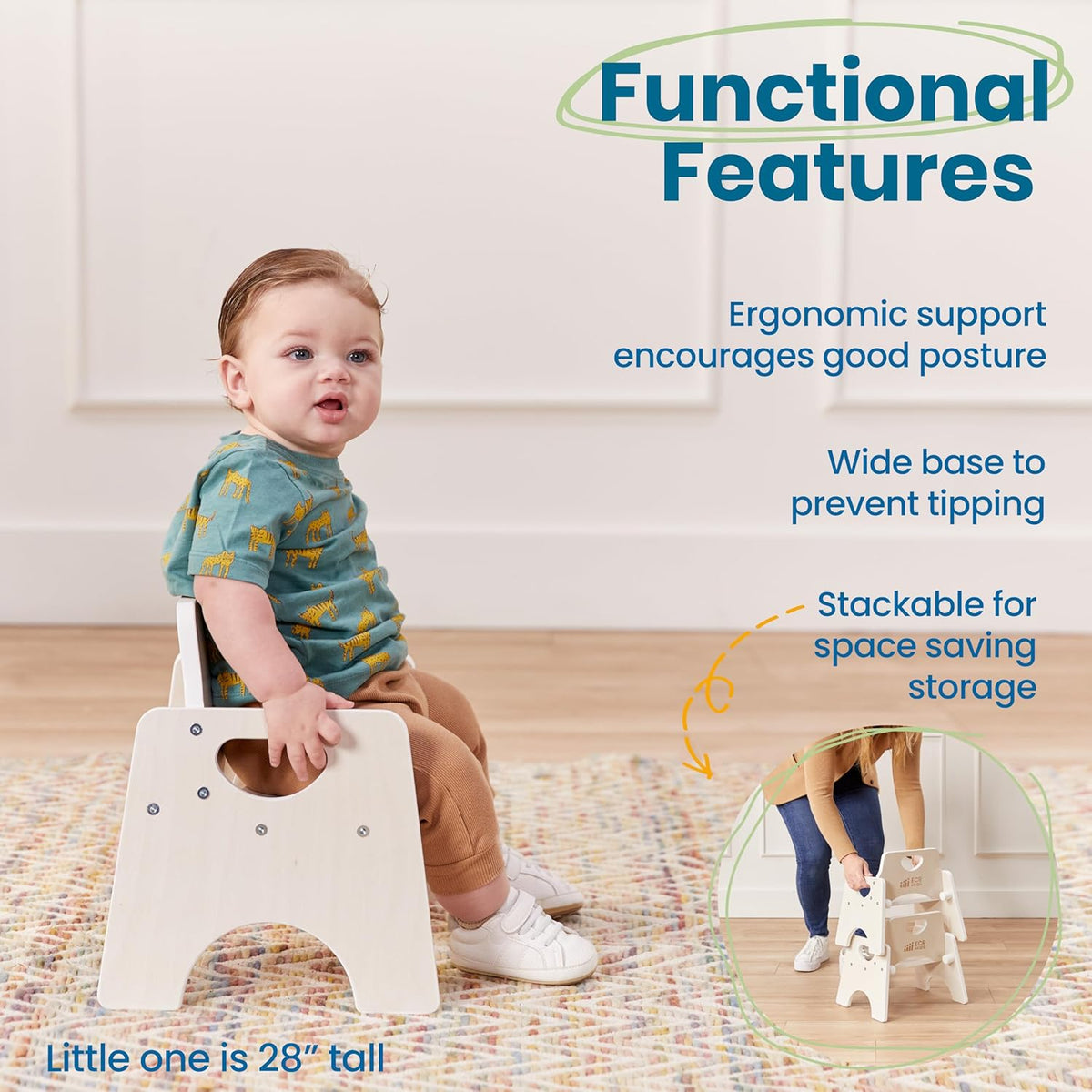 ECR4Kids Stackable Wooden Toddler Chair, 6in, Kids Furniture, White Wash, 2-Pack