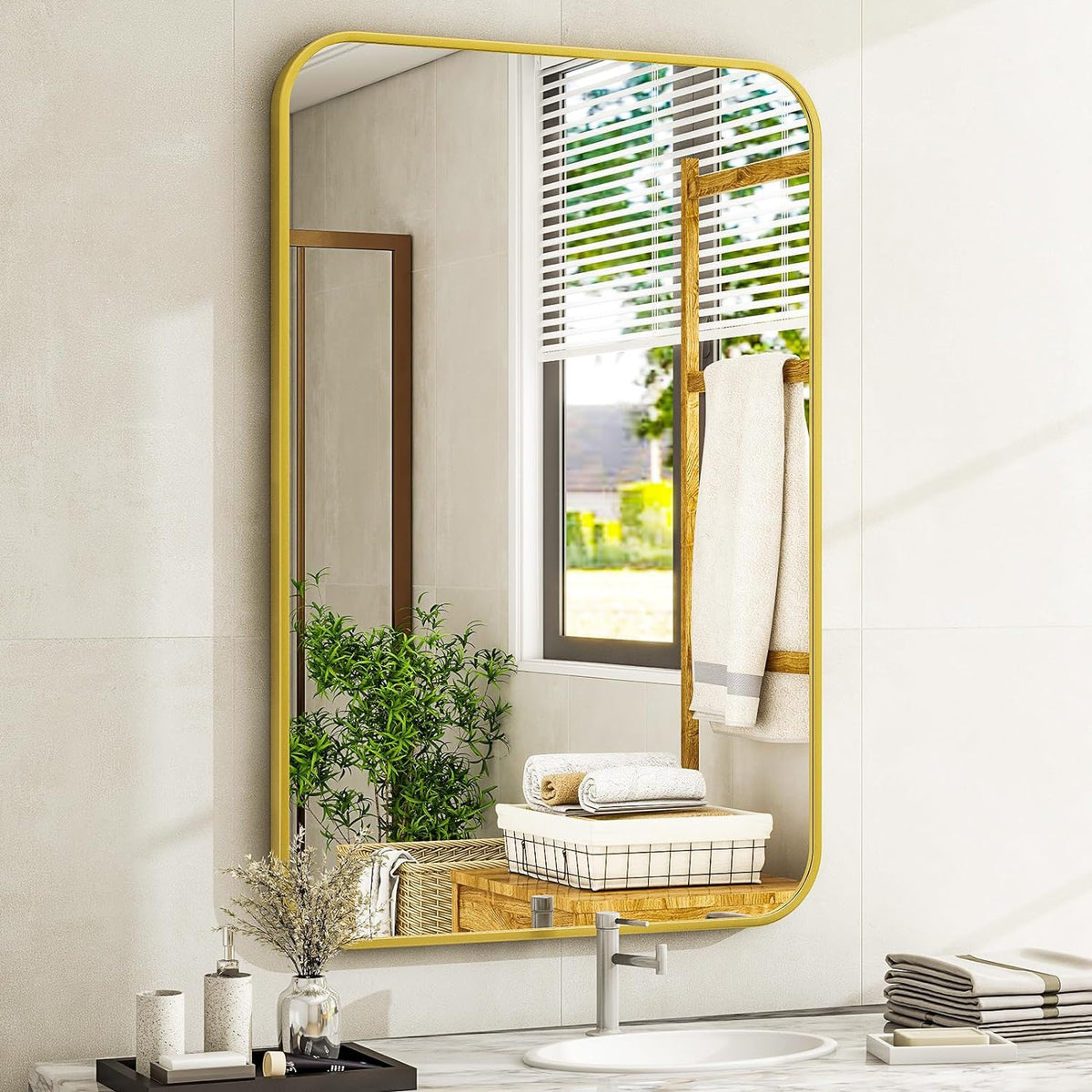 24 x 36 Inch Bathroom Mirror, Rounded Rectangular Vanity Mirror for Wall, Modern Mirror for Room Decor, Gold Framed Wall-Mounted Mirrors for Home Decor, Hangs Horizontally or Vertically