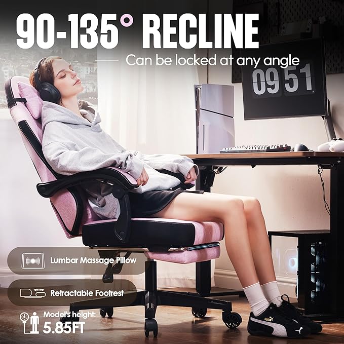 Dowinx Gaming Chair Fabric with Pocket Spring Cushion, High Back Ergonomic Computer Chair with Footrest for Adults, Massage Lumbar Support Swivel Game Chair for Office Gaming 300LBS, Pink