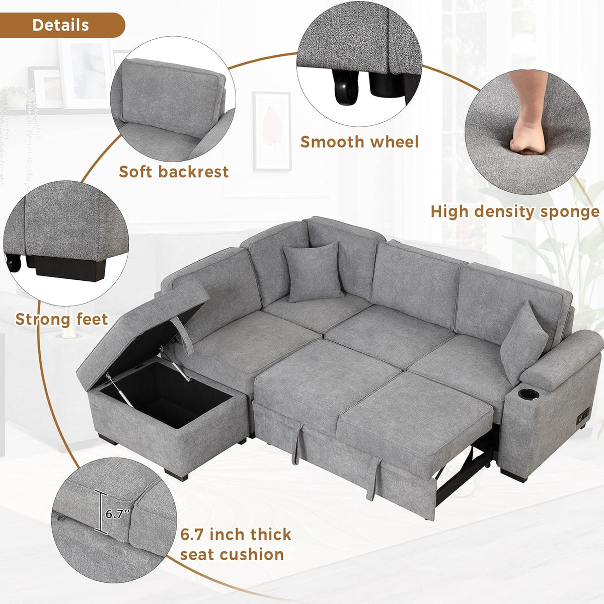 Ball & Cast Sleeper Sofa Bed L Shaped Couch with Storage Ottoman,Pull-Out Sectional Sofa Couch w/Cup Holder and Charging Stations,for Living Room and Small Apartment,Grey