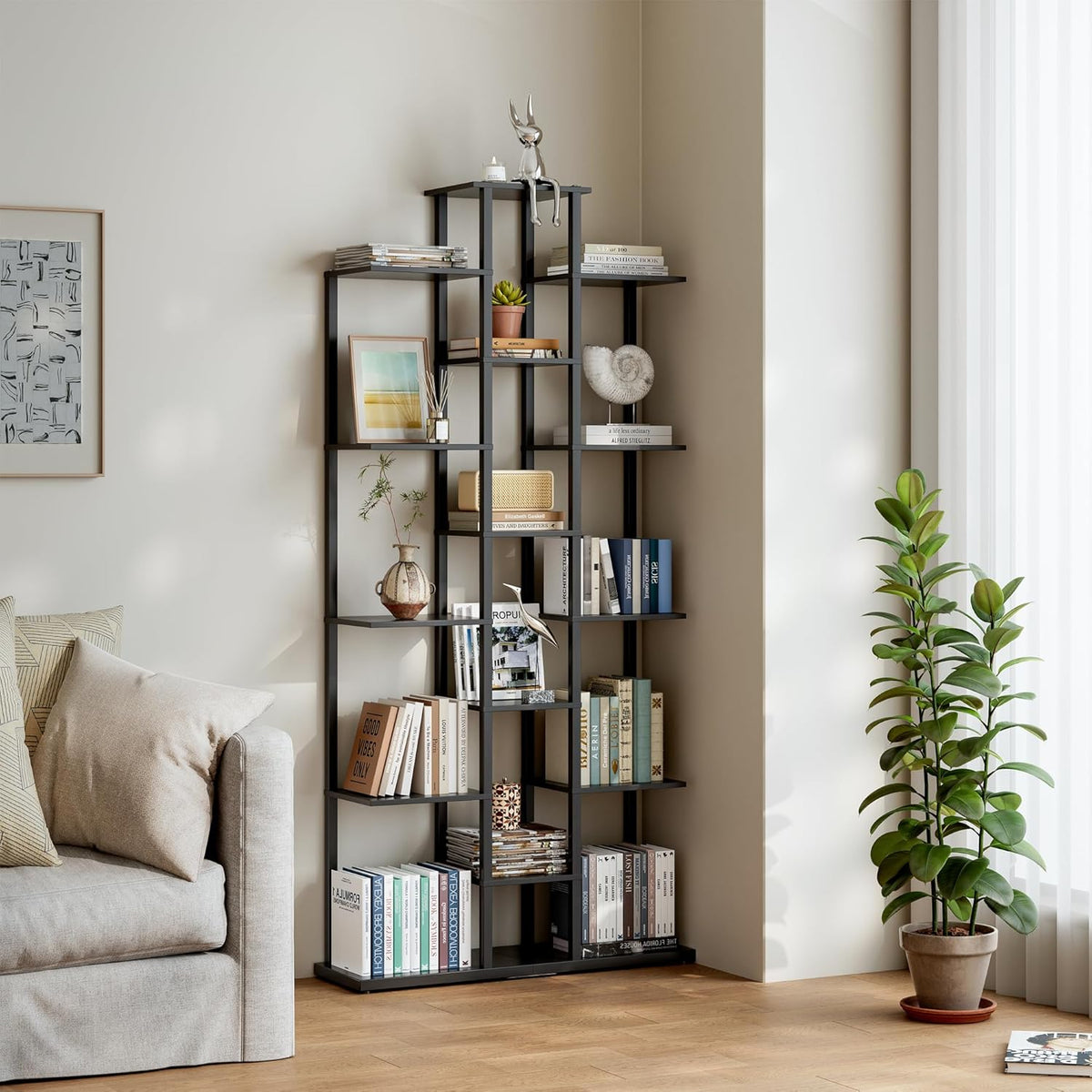 Bookshelf，Small Bookcase for Small Space，6-Tier Bookshelf for Living Room, Home Office, Study，7.87 x 26.77 x 55.5 Inches,Black