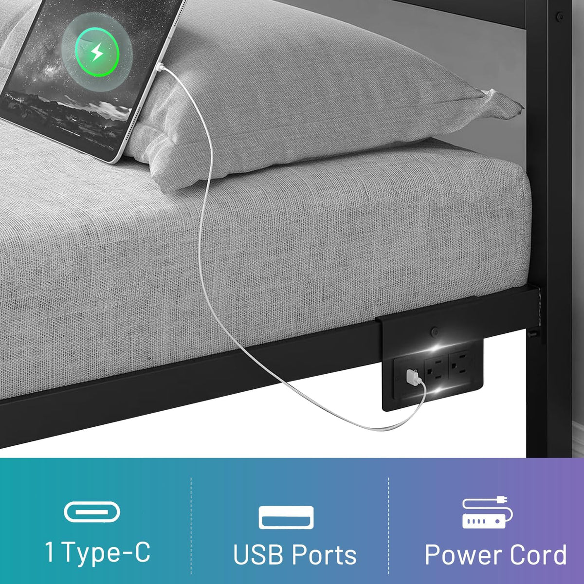 Queen Bed Frame with Headboard,Heavy Duty Steel Slats Support-LED Bed Frame with USB Charging Station,Mattress Foundation-Under Bed Storage,No Box Spring Needed,Noise Free，Black